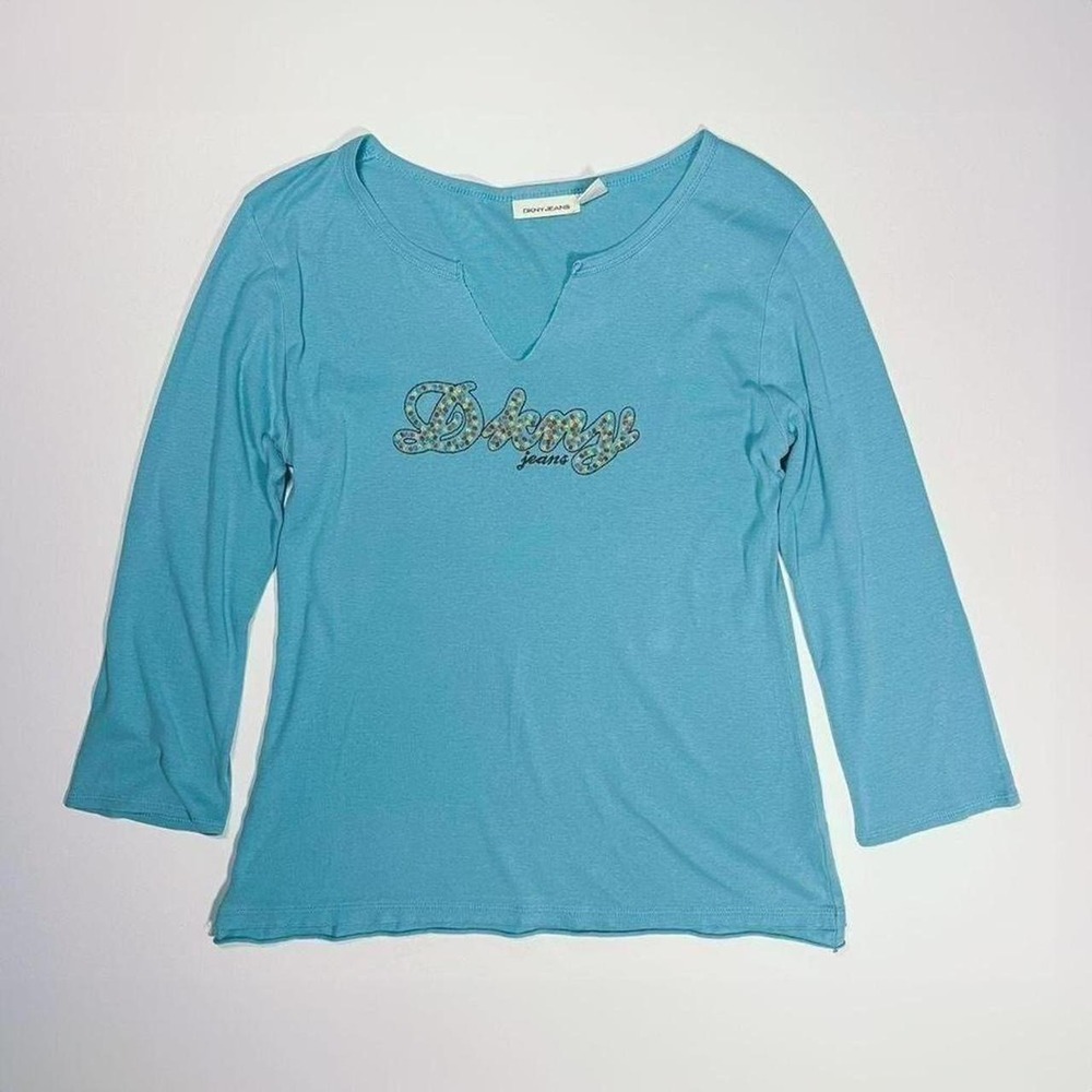 Vintage DKNY Blue Split Notch Long Sleeve Logo Top